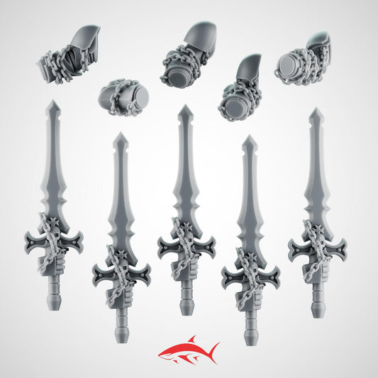 Set 1 - 5 Black Crusader Chain Swords – Knightly Power Blades with Chains to Arm – Ultra HD 14K