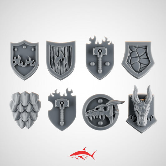 8 Shield Pads – Ember Forge Heraldry for Fire Lizard – Flames, Hammer Seals, Scales & Dragon Heads