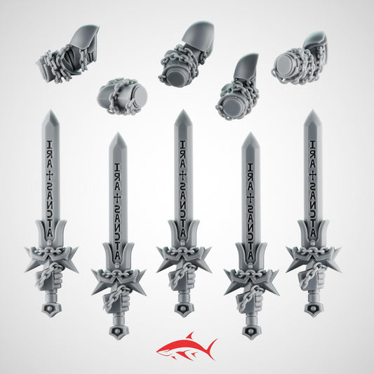 Set 4 - 5 Black Crusader Chain Swords – Knightly Power Blades with Chains to Arm – Ultra HD 14K
