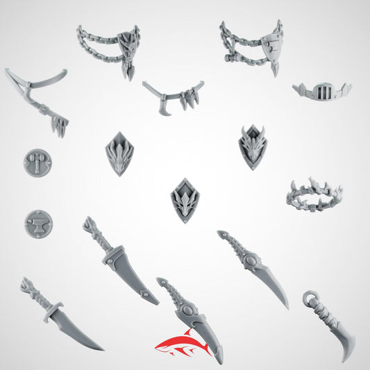 Belt weapon, shoulder shield and nexklace Greytide for Fire Lizard – Flames, Forge & Dragon Heads