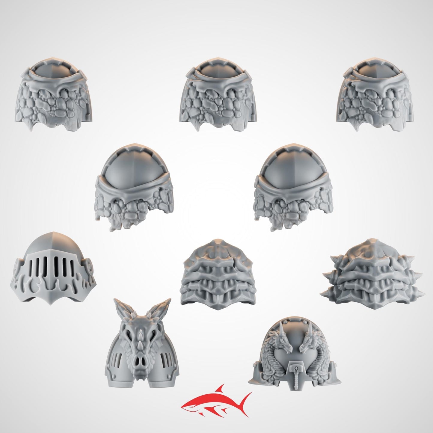 Set 4 – 10 Ember Forge Shoulder Pads for Fire Lizard – Flames, Chains, Spikes, Relics & Stone Motifs