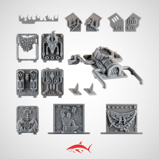 Rhino Upgrade Kit — Emberforge • Fire Lizard – Dragon-Furnace Engine, Spiked Plates, Chains & Flame Panels