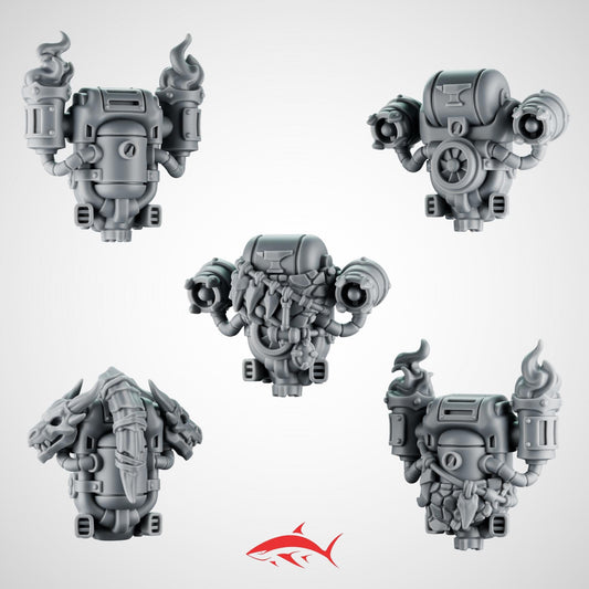 Set 3 – 5 Greytide Backpacks for Fire Lizard – Dragon-Skull Reactor Packs with Chains, Vents & Totemic Trophies