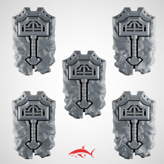 Set 3 - 5 Ember Forge shields for Fire Lizard – Hammer Emblems, Made of Stone, and Riveted Frames
