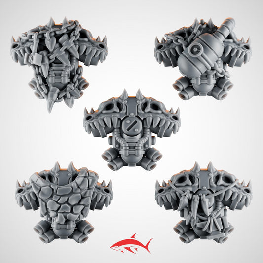 Set 1 – 5 Emberforge Backpacks for Fire Lizard – Dragon-Skull Reactor Packs with Chains, Vents & Totemic Trophies