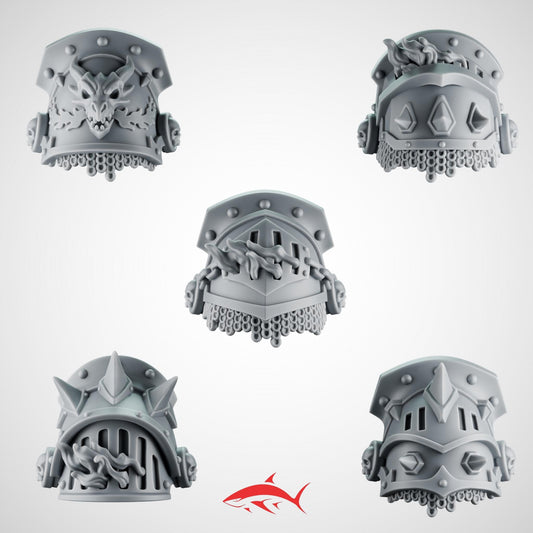 Set 5 – 5 Greytide Shoulder Pads for Fire Lizard – Flames, Chains, Spikes, Relics & Dragon Motifs