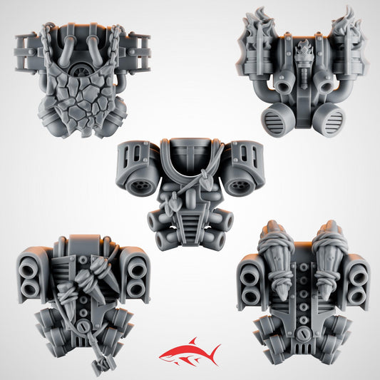 Set 2 – 5 Emberforge Backpacks for Fire Lizard – Dragon-Skull Reactor Packs with Chains, Vents & Totemic Trophies