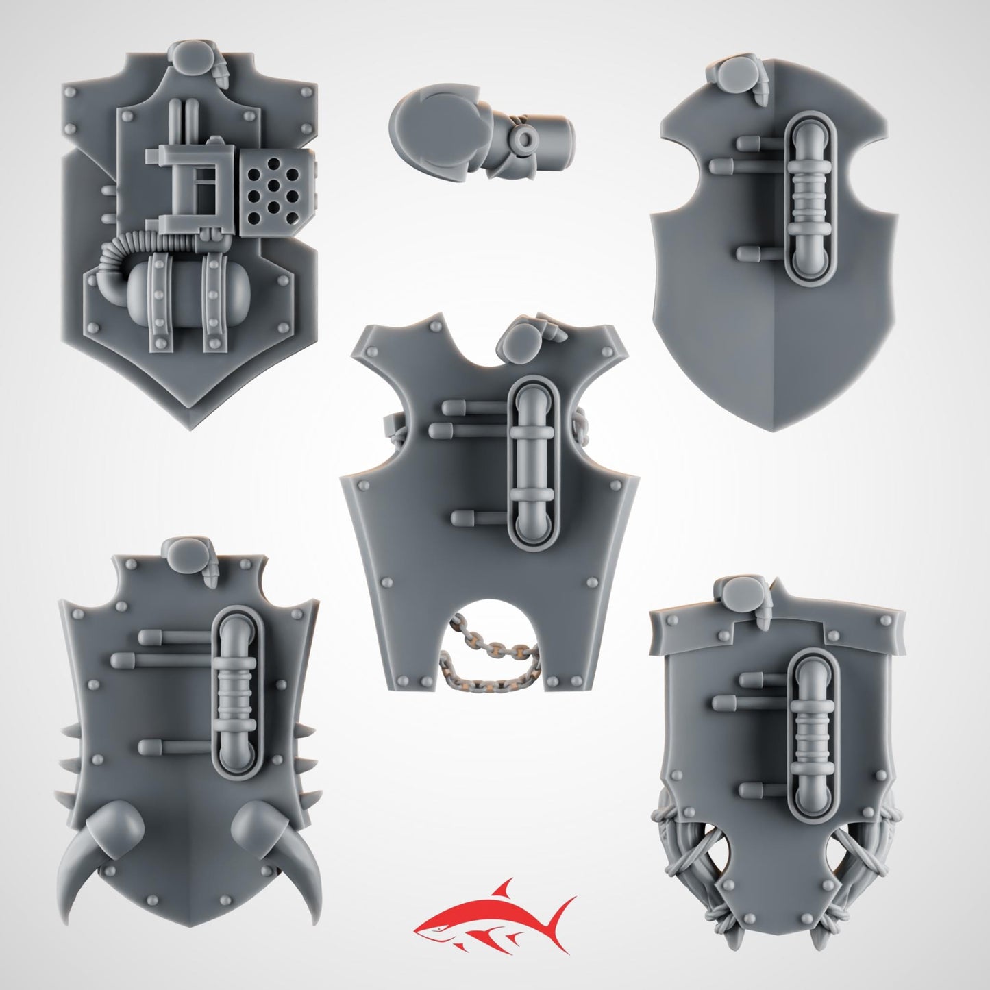 5 Ground-Set Shields for Terminator Ember Forge – Fire Lizard Heraldry, Chains, Spikes & Riveted Plates