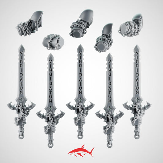 Set 5 - 5 Black Crusader Chain Swords – Knightly Power Blades with Chains to Arm – Ultra HD 14K