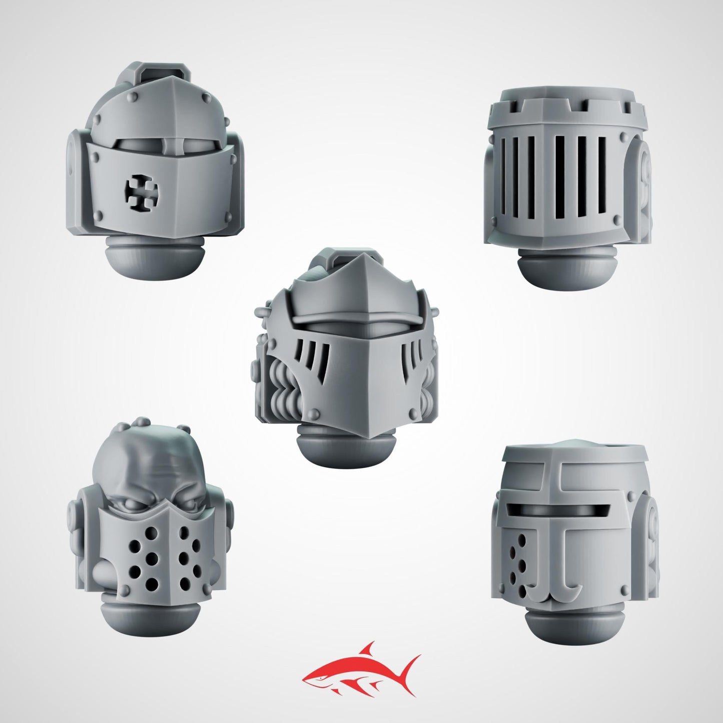 SET 8 - 5 Crusader Helmets – Gothic Heads for Black Faith Warriors – 32mm Kitbash Bits