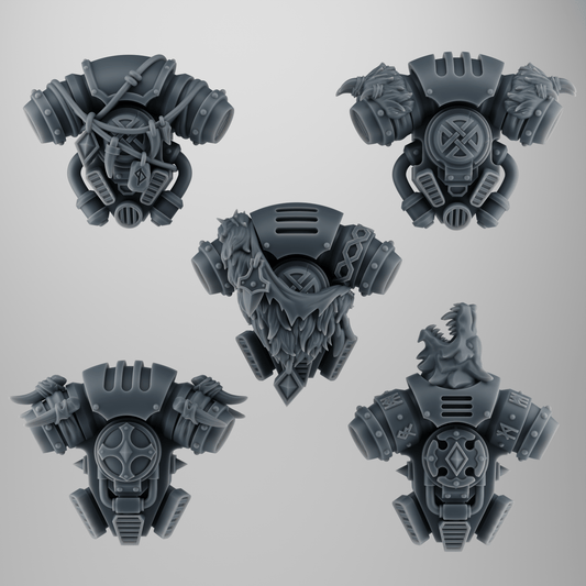 SET 1 - 5 Viking Wolf Backpacks – With Fur, Runes & Tribal Gear – 32mm Grimdark Kitbash Bits