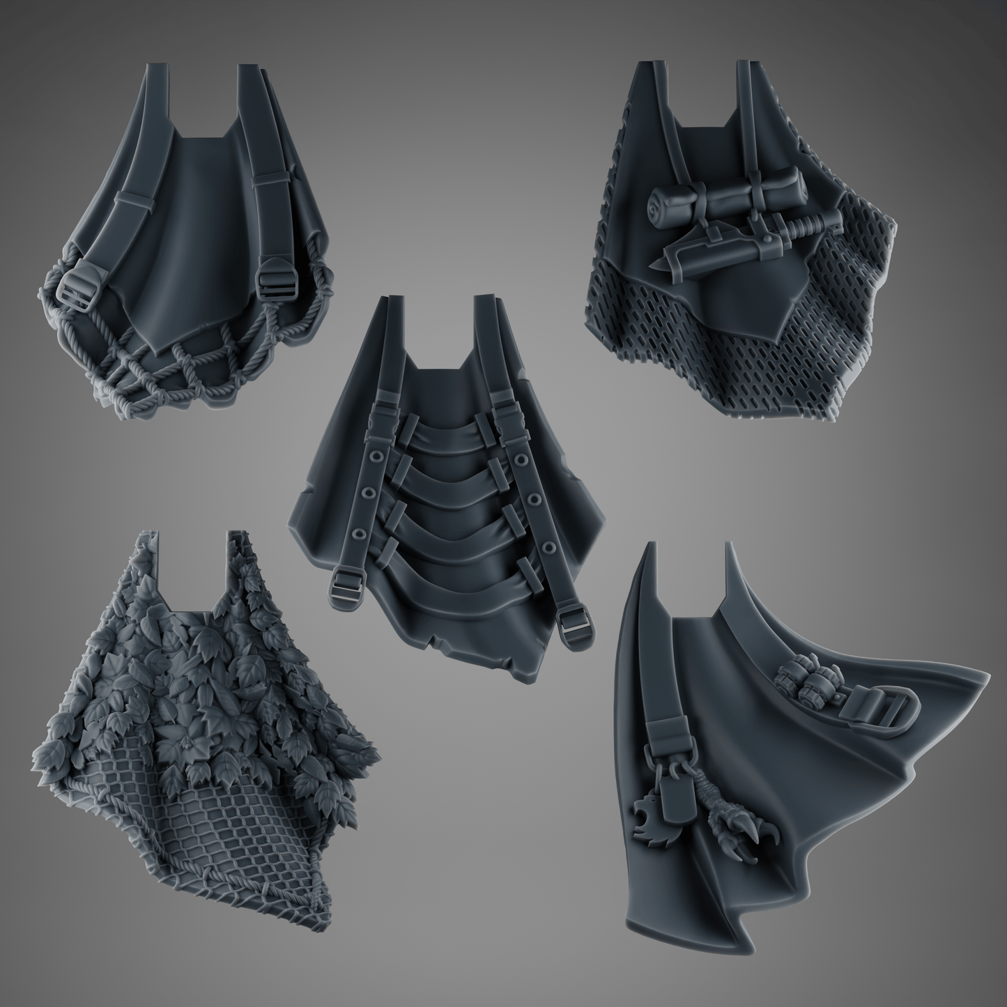 5 Rapt’ops Tactical Cloaks – Ghillie Capes with Cords, Straps & Netting – 32mm Grimdark Bits