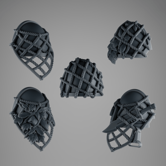 SET 1 - 5 Jungle Camo Shoulder Pads for Rapt’ops – With Leaves & Netting – 32mm Grimdark Bits