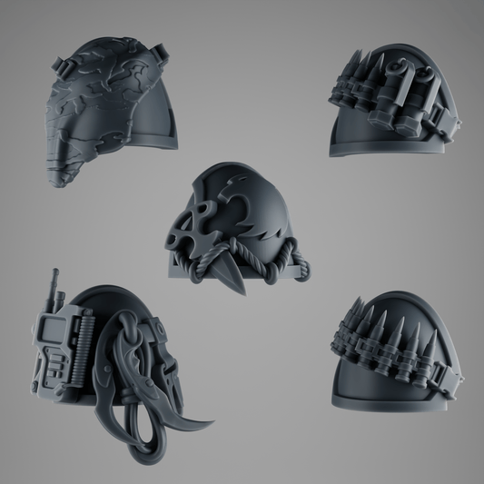 SET 2 - 5 Tactical Shoulder Pads for Rapt’ops – Ammo Belts, Knives, Radios & Camo Nets – 32mm Grimdark Bits