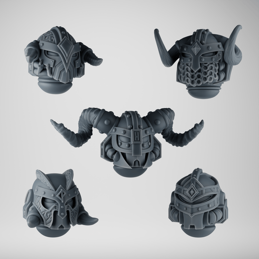 SET 1 - 5 Viking Wolf Helmets – Horned Heads with Runes & Chainmail – Ultra HD 14K Resin