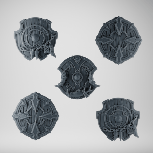 SET 1 - 5 Viking Shields for Wolf-Clan Warriors – Wood, Bone & Fur – Ultra HD 14K Resin