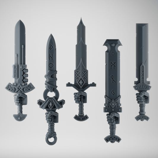 SET 1 - 5 Viking Wolf Swords – Runes & Cloth Wraps – Ultra HD 14K Resin