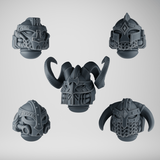 SET 2 - 5 Viking Wolf Helmets – Horned Heads with Runes & Chainmail – Ultra HD 14K Resin