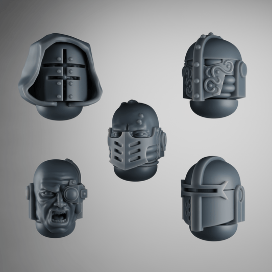 SET 2 - 5 Crusader Helmets – Gothic Heads for Black Faith Warriors – 32mm Kitbash Bits