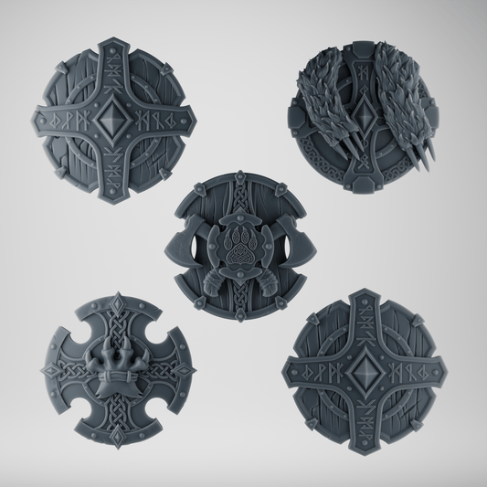 SET 2 - 5 Viking Shields for Wolf-Clan Warriors – Wood, Bone & Fur – Ultra HD 14K Resin