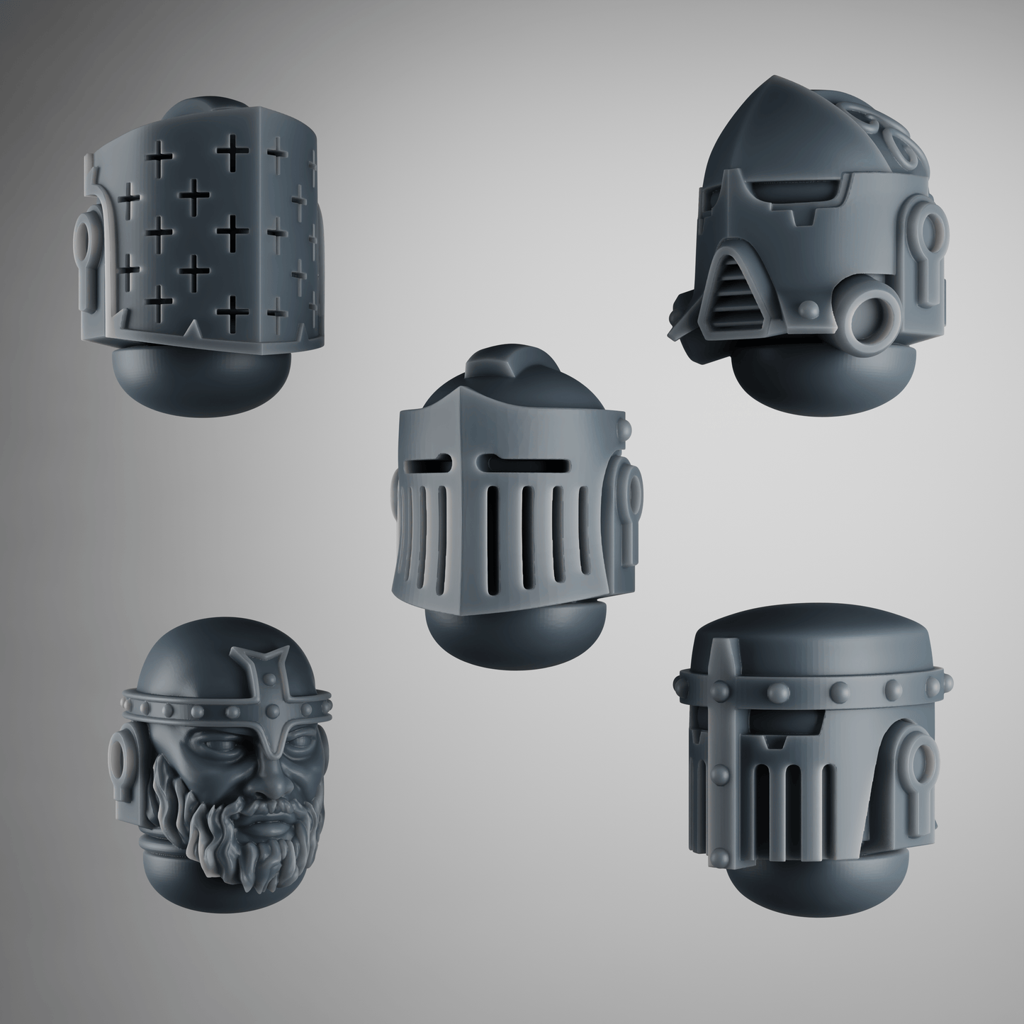 SET 3 - 5 Crusader Helmets – Gothic Heads for Black Faith Warriors – 32mm Kitbash Bits