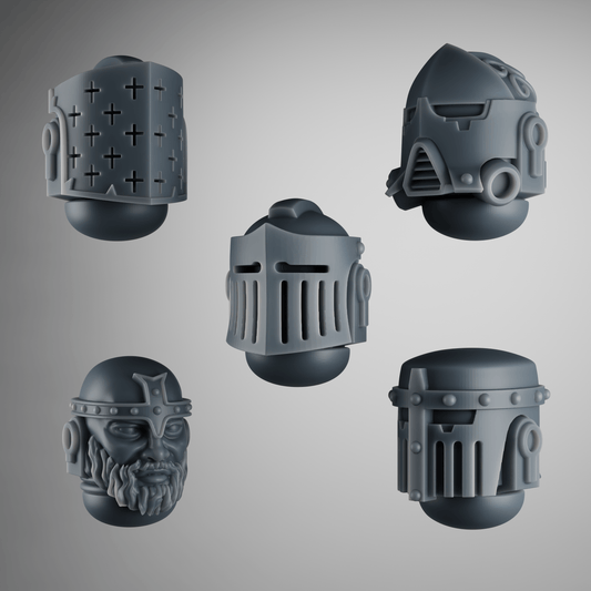 SET 3 - 5 Crusader Helmets – Gothic Heads for Black Faith Warriors – 32mm Kitbash Bits