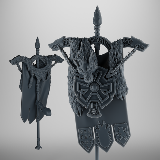 SET 1 - Viking Wolf Battle Banner – Rune Beast Hide Standard for 32mm Kitbash – Grimdark Accessory