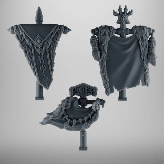 SET 1 - 3 Viking Wolf Backpack Banners – Rune Beast Hide Standards – Hammer, Spear & Paw Poles – 32mm