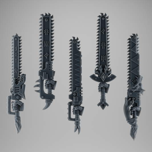 SET 1 - 5 Rune Chainswords – Viking Wolf Chain Blades for Kitbash – Grimdark Bits – 32mm
