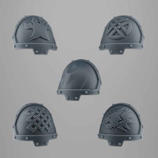 SET 1 - 5 Big Shoulder Pads for Wolf Warriors – for Exterminator Units – Viking-Style with Fur & Runes – 32mm
