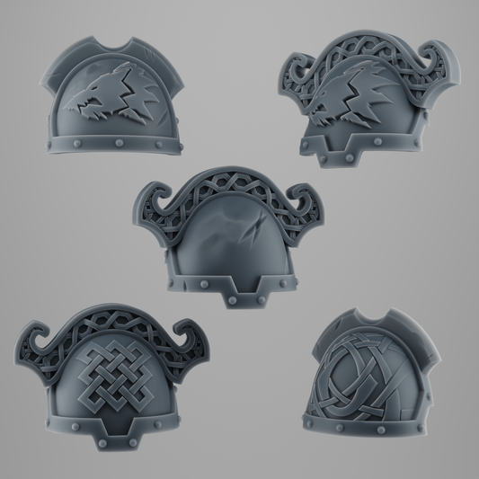 SET 2 - 5 Big Shoulder Pads for Wolf Warriors – for Exterminator Units – Viking-Style with Fur & Runes – 32mm