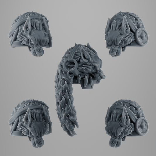SET 6 - 5 Big Shoulder Pads for Wolf Warriors – for Exterminator Units – Viking-Style with Fur & Runes – 32mm