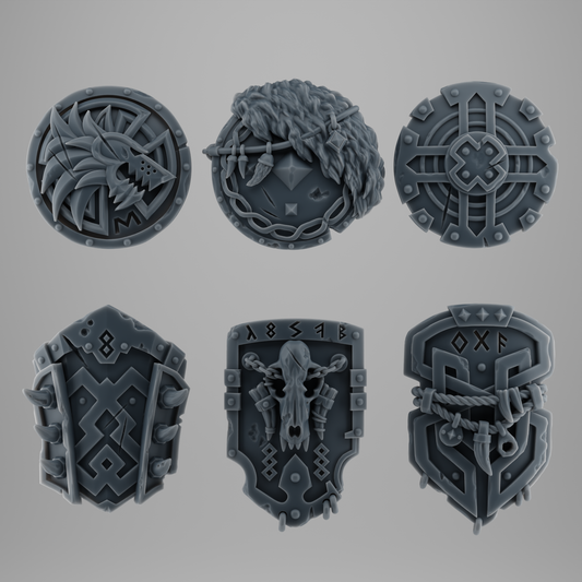 SET 3 - 6 Viking Shields for Wolf-Clan Warriors – Wood, Bone & Fur – Ultra HD 14K Resin