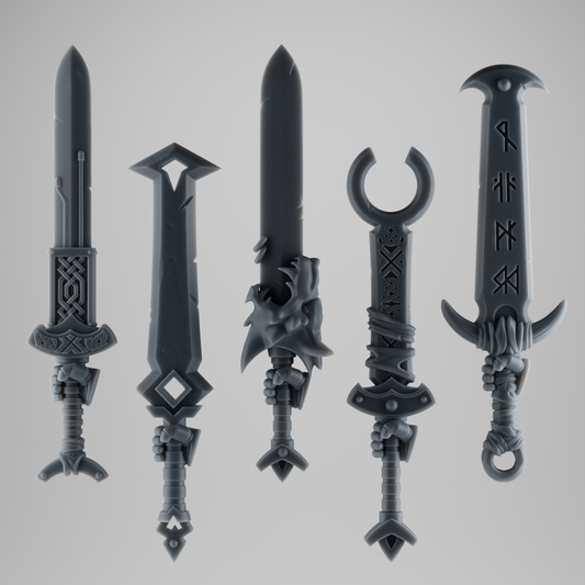 SET 2 - 5 Viking Wolf Swords – Runes & Cloth Wraps – Ultra HD 14K Resin