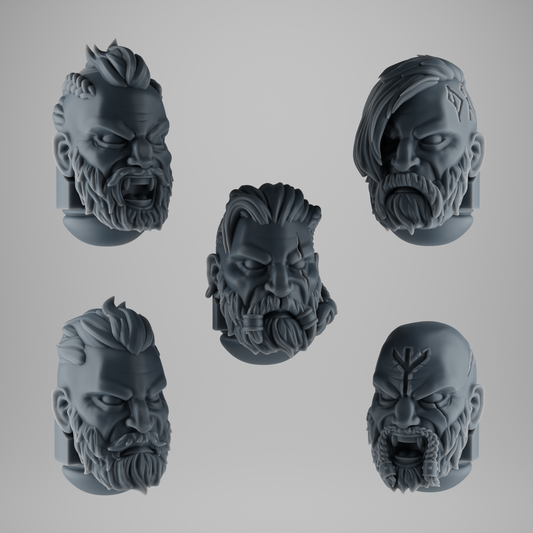 SET 3 - 5 Viking Wolf Heads – Scarred Warrior Helmets for Kitbash – 28mm / 32mm Grimdark Bits