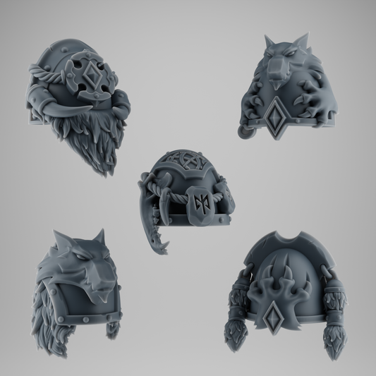 SET 1 - 5 Viking Wolf Shoulder Pads – Fur-Covered Kitbash Bits – Grimdark Accessories – 32mm