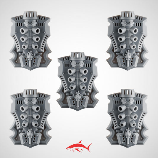 Set 6 - 5 Ember Forge Shields for Fire Lizard – Heat Vents, Exhaust Nozzles, Torch Emblems & Riveted Frames