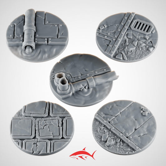 Set 2 – 5 Industrial Base Toppers 40mm Ember Forge for Fire Lizard – Steel Plates, Pipes & Rubble – Round