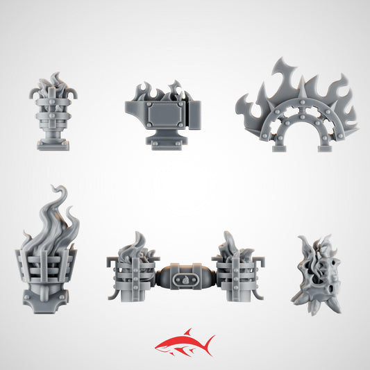 6 Ember Forge Backpack Toppers for Fire Lizard – Flames, Braziers, Engine Vents & Halo Crests