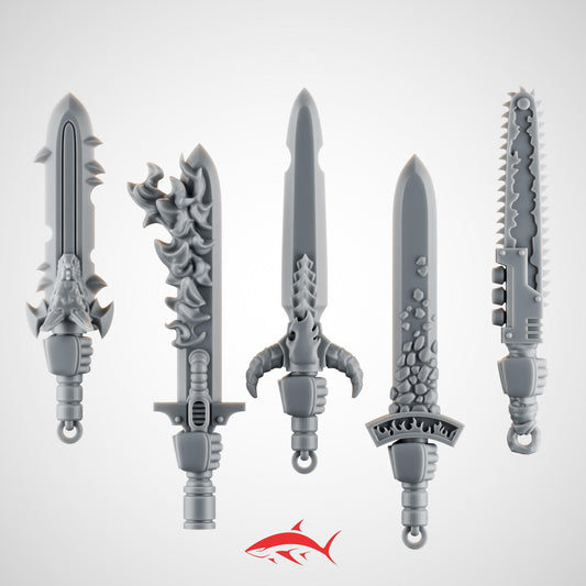 Set 1 – 5 Ember Forge Swords for Fire Lizard – Dragon Motifs, Flame Runes, Scaled Hilts & Chain-Blade Variant