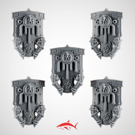 Set 3 – 5 Terminator Shields – Ember Forge for Fire Lizard – Candle Sigils, Pipework, Rope Lashings & Riveted Frames
