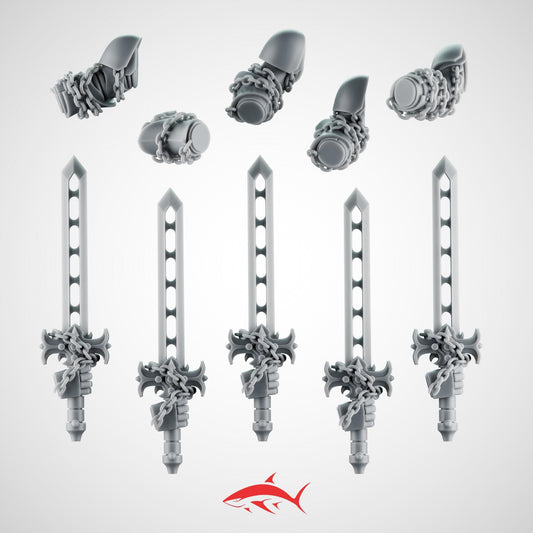 Set 3 - 5 Black Crusader Chain Swords – Knightly Power Blades with Chains to Arm – Ultra HD 14K