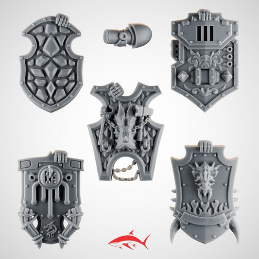5 Ground-Set Shields for Terminator Ember Forge – Fire Lizard Heraldry, Chains, Spikes & Riveted Plates
