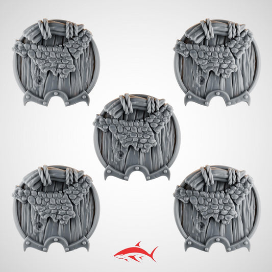 Set 1 – 5 Ember Forge Shields for Fire Lizard – Round Wood Planks, Rope Lashings & Dragon Skin