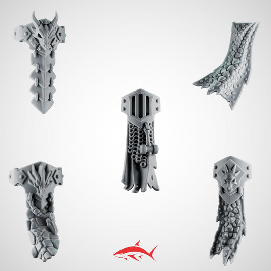 5 Loincloths Greytide for Fire Lizard – Dragon Skull and skin, Fangs, Stone & Riveted Plates