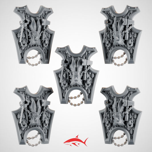 Set 2 - 5 Terminator Shields Ember Forge for Fire Lizard - Dragon Scale Facets & Riveted Frames