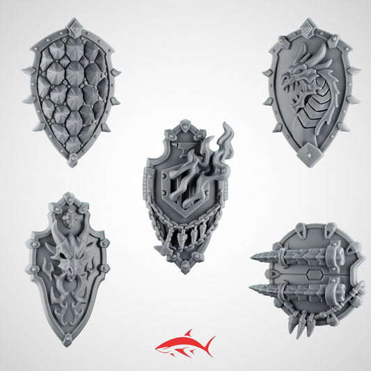 Set 8 – 5 Greytide Shields for Fire Lizard – Spike, Dragon Head And Claw
