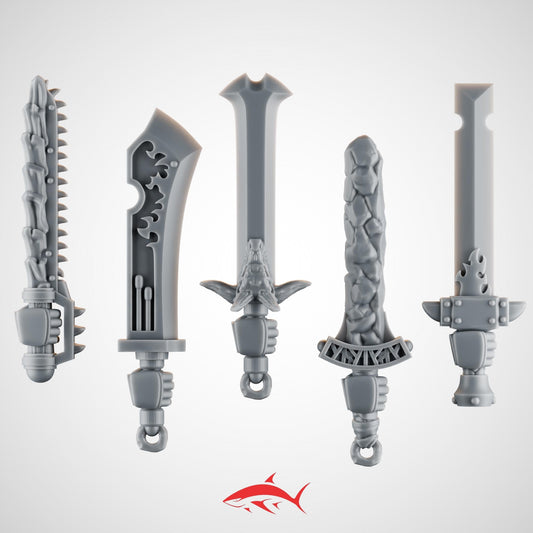 Set 2 – 5 Ember Forge Swords for Fire Lizard – Dragon Motifs, Flame Runes, Scaled Hilts & Chain-Blade Variant