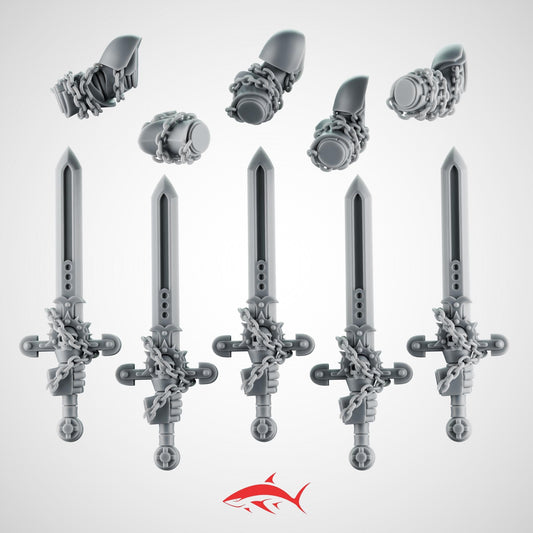 Set 6 - 5 Black Crusader Chain Swords – Knightly Power Blades with Chains to Arm – Ultra HD 14K