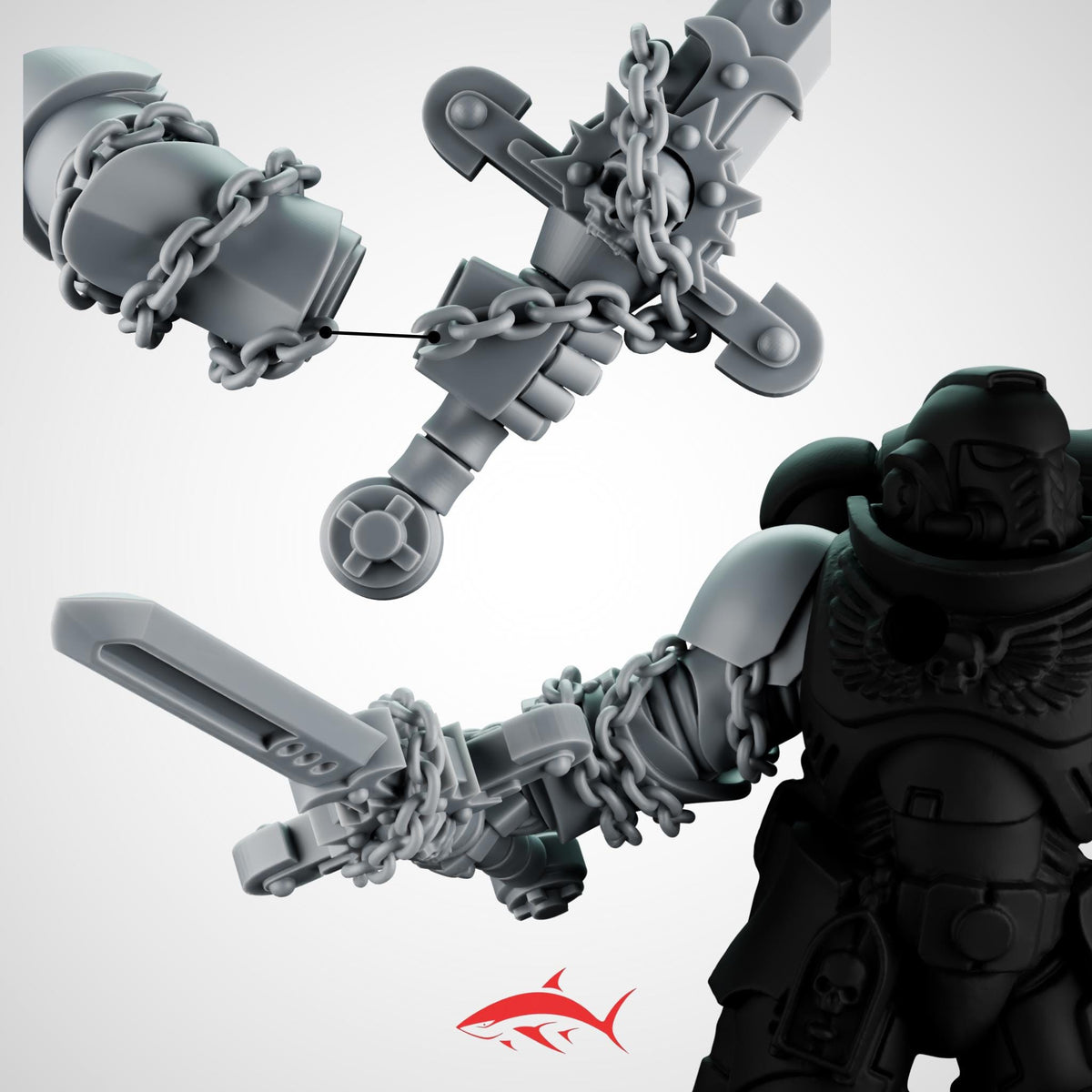 Set 6 - 5 Black Crusader Chain Swords – Knightly Power Blades with Chains to Arm - Right - resin bit - Sharkass